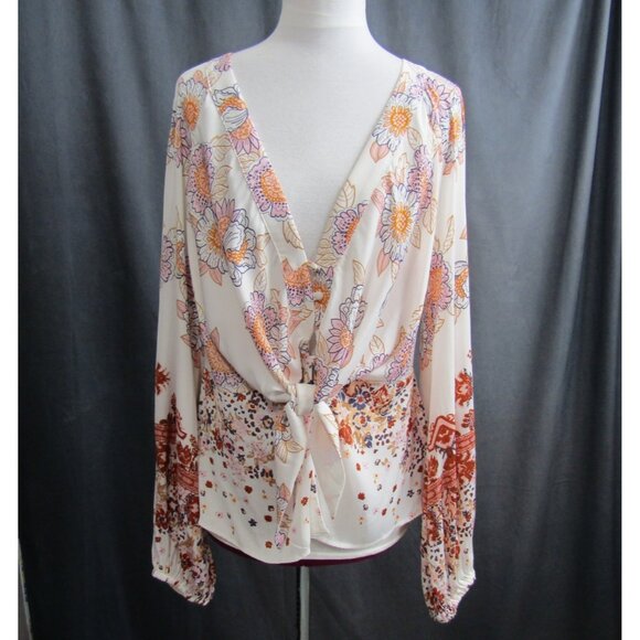Free People Run Free Tunic Blouse Top Ivory Womens Size L Floral Boho Festival - Picture 13 of 14